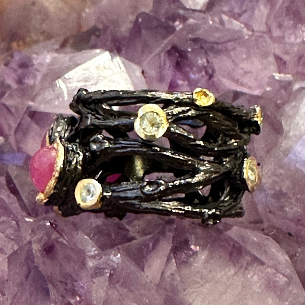 Star Ruby Blackened 925 Sterling Silver Band Ring - image 2